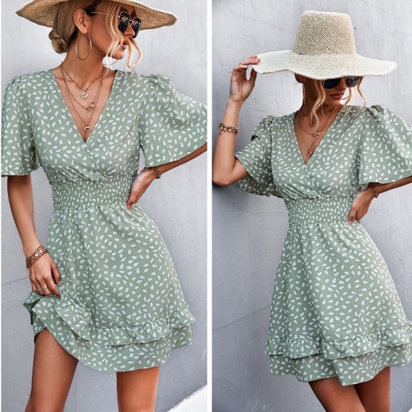 Green Printed Smocked Mini Dress - Picture 3 of 4